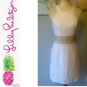🏝️Lilly Pulitzer Beautiful White/Gold Embroidered Lace Halter Dress NWOT
